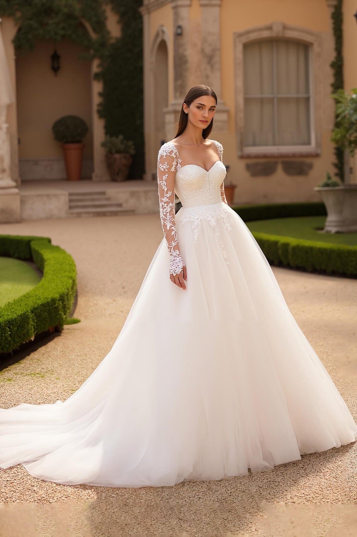 Ivory A-Line Square Neck Long-Sleeve Corset Court Train Wedding Dress With Lace Appliques