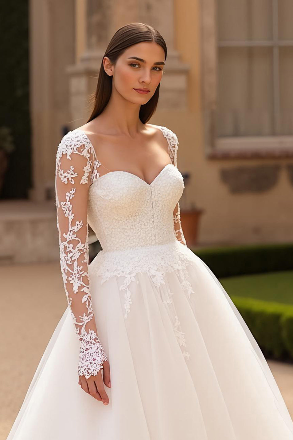 Ivory A-Line Square Neck Long-Sleeve Corset Court Train Wedding Dress With Lace Appliques