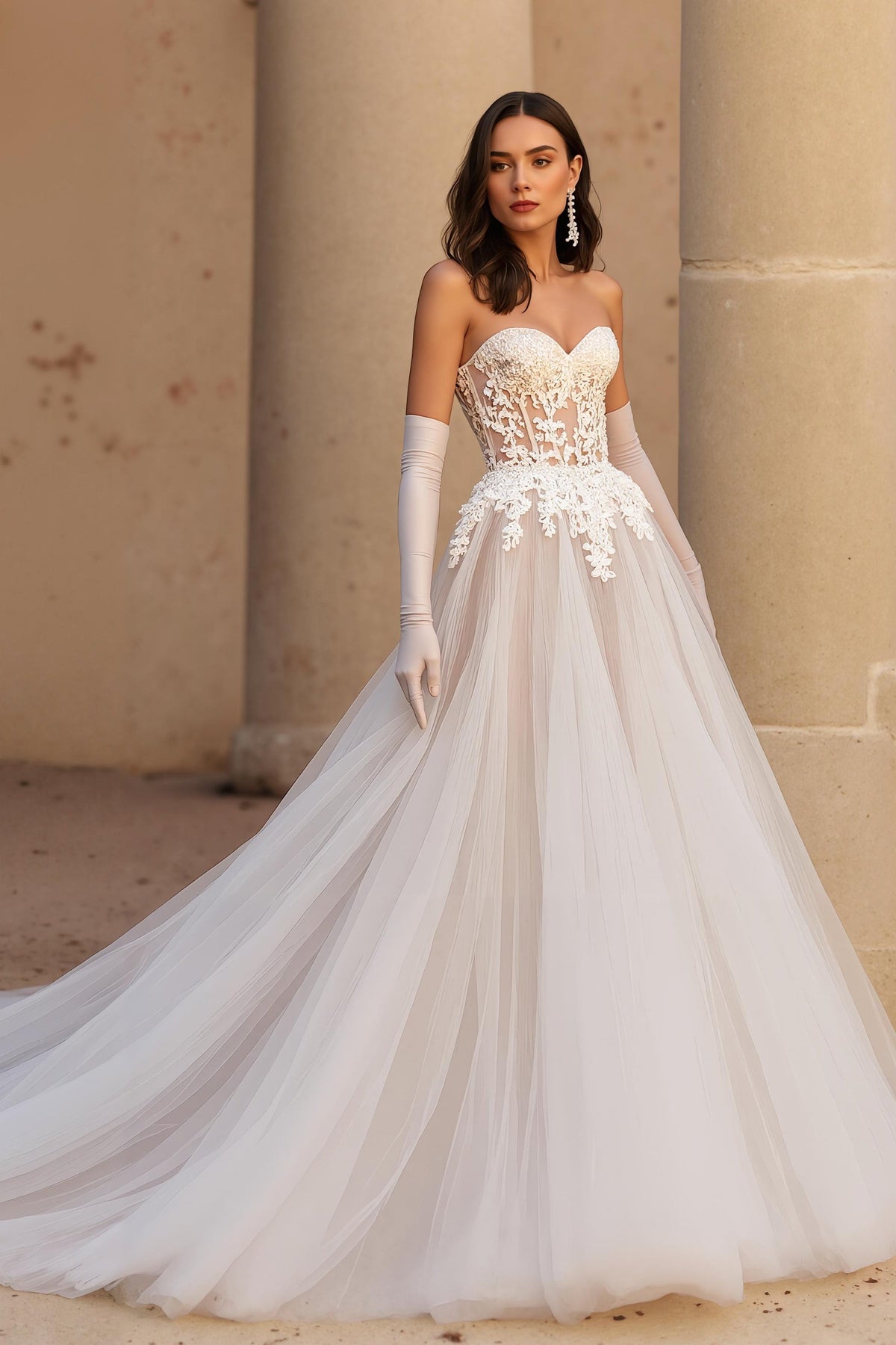Robe de mariée ivoire avec corset en tulle de dentelle A-line Sweetheart