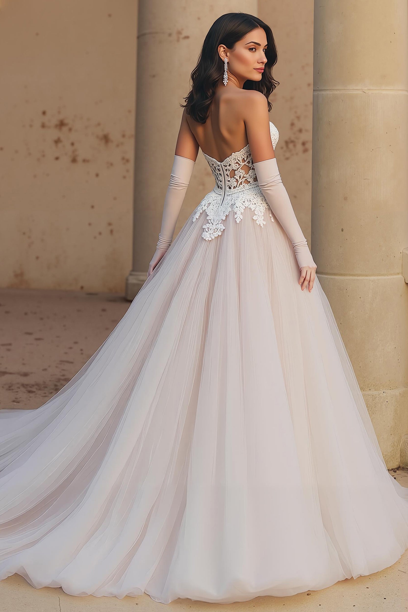 Robe de mariée ivoire avec corset en tulle de dentelle A-line Sweetheart