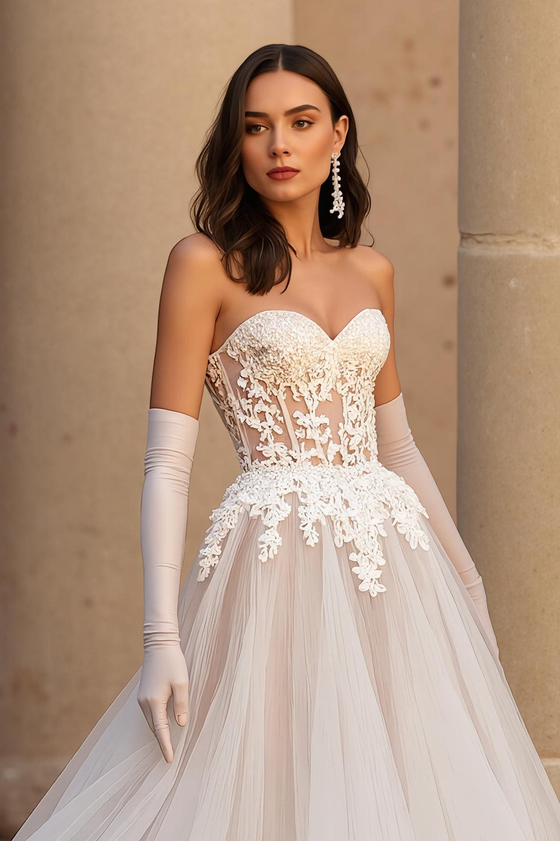 Robe de mariée ivoire avec corset en tulle de dentelle A-line Sweetheart