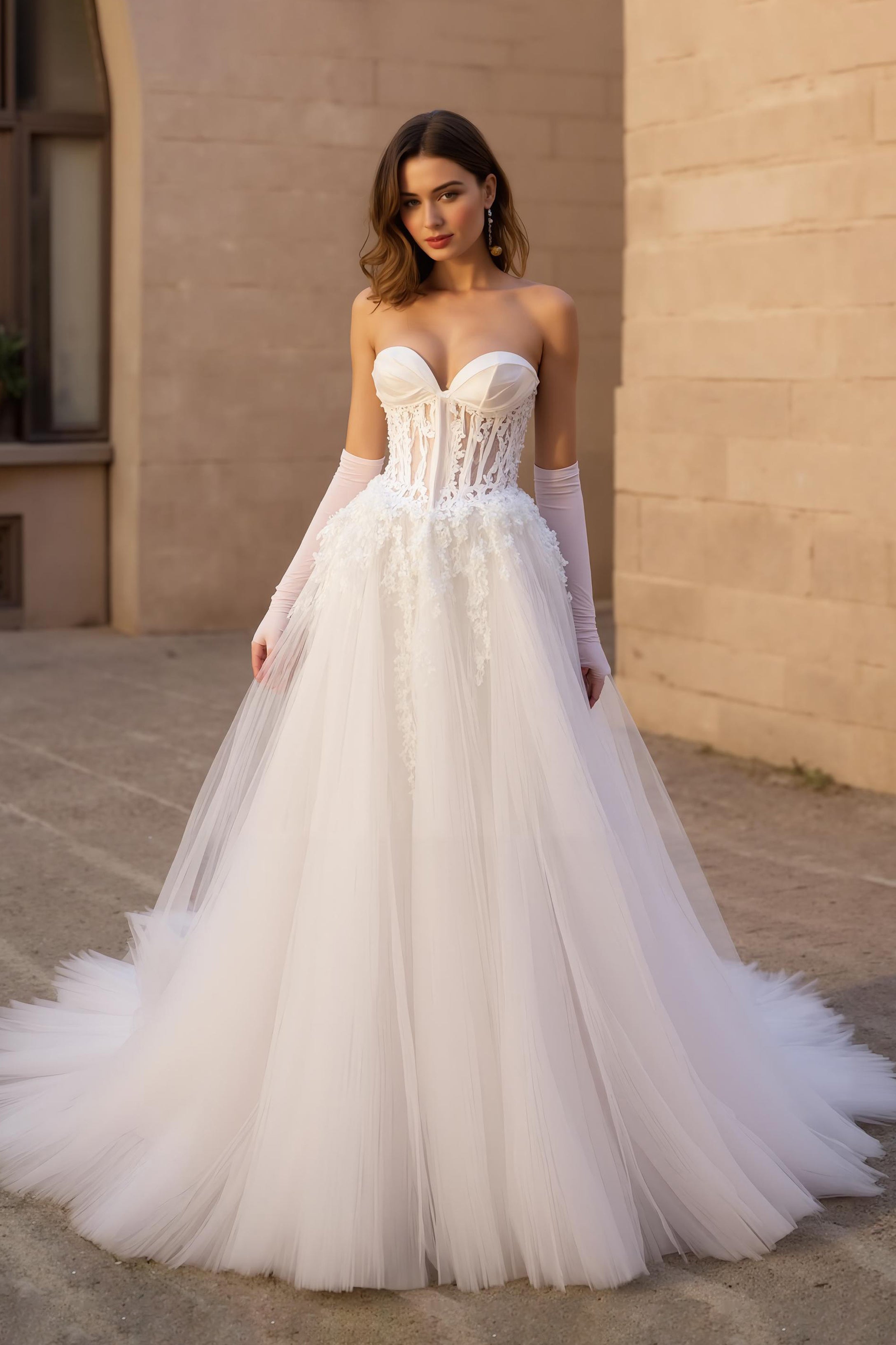 Strapless A Line Ivory Tulle Corset Long Wedding Dress