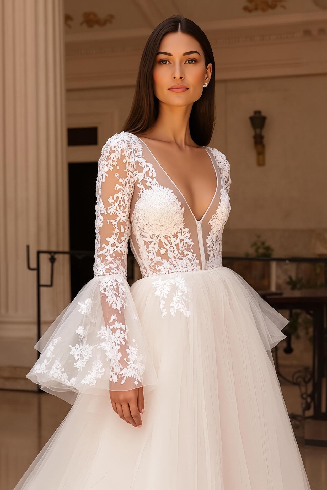 Ivory Tulle A Line V Neck Lace Wedding Dress With Flare Sleeves