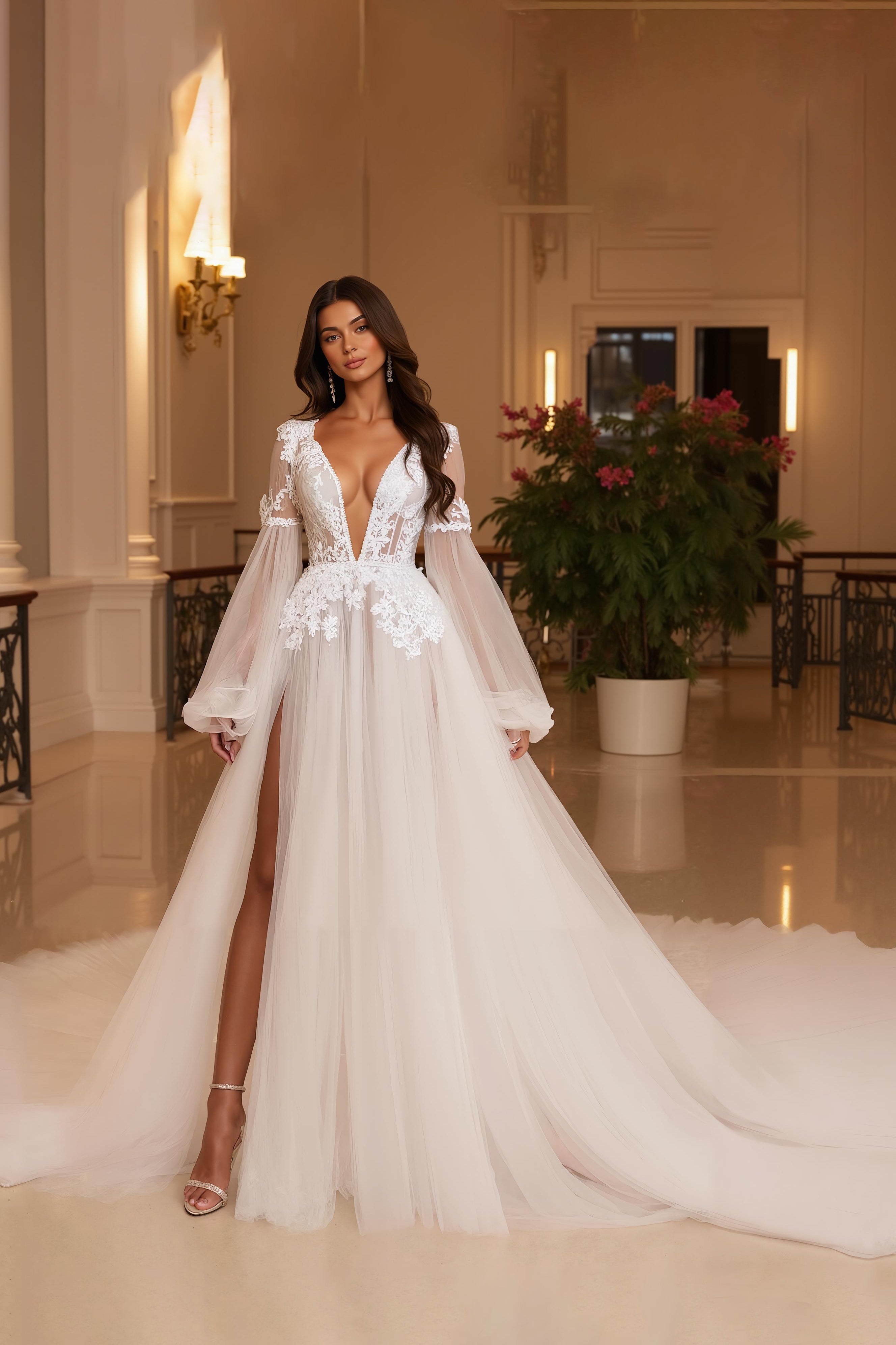Vestido de novia de tul línea A con cuello en V y apliques de encaje