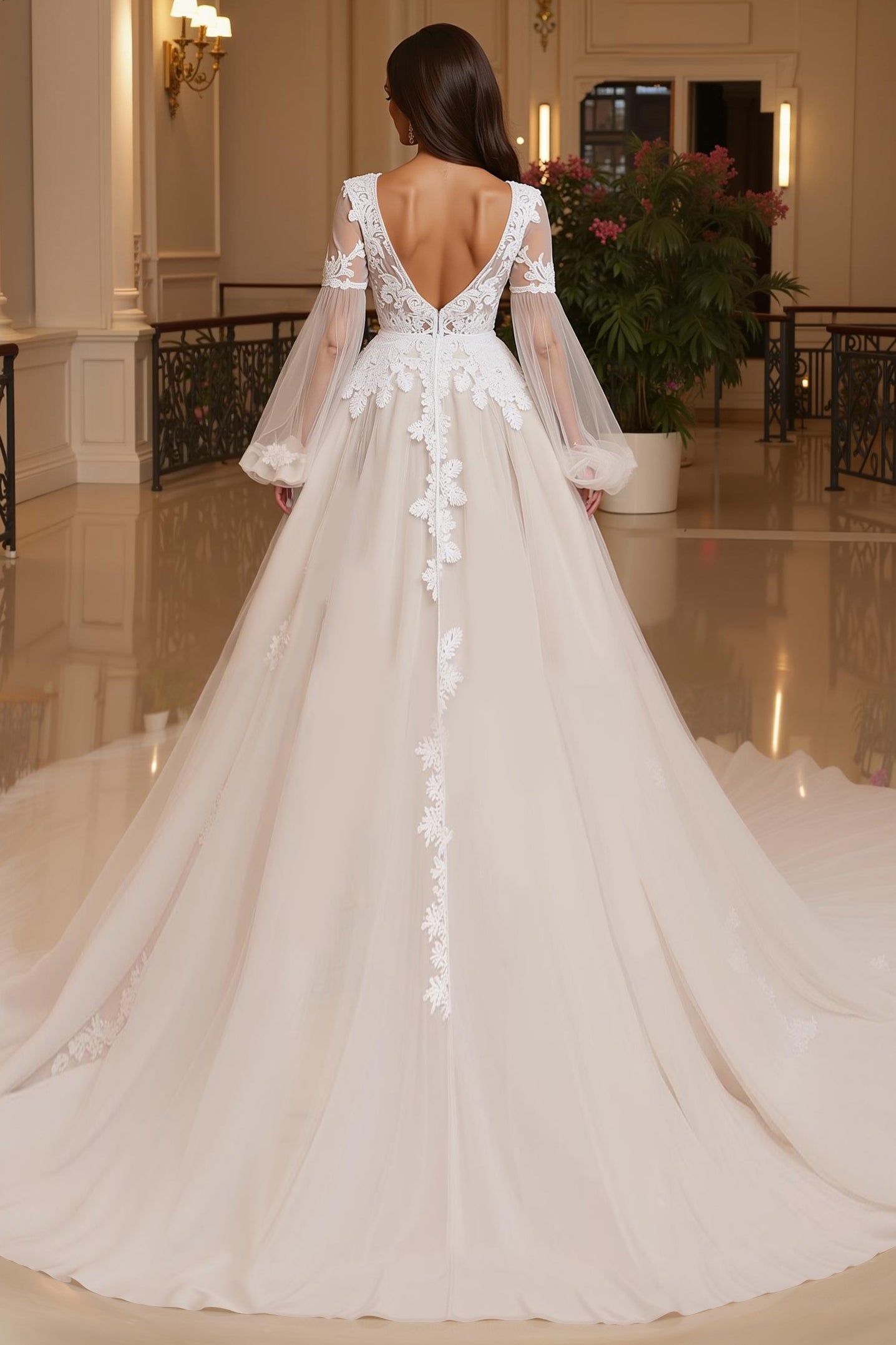 Vestido de novia de tul línea A con cuello en V y apliques de encaje