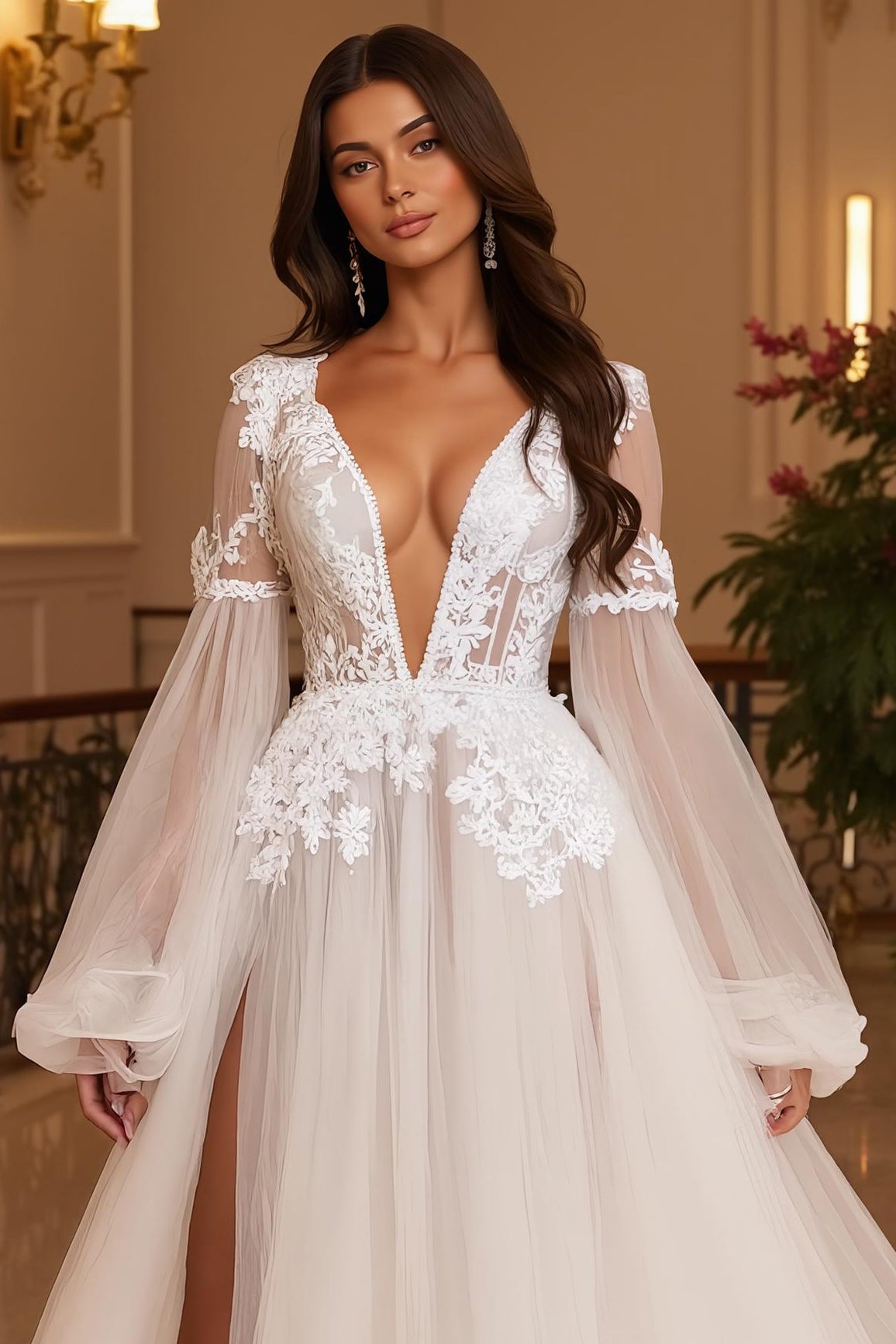 Vestido de novia de tul línea A con cuello en V y apliques de encaje