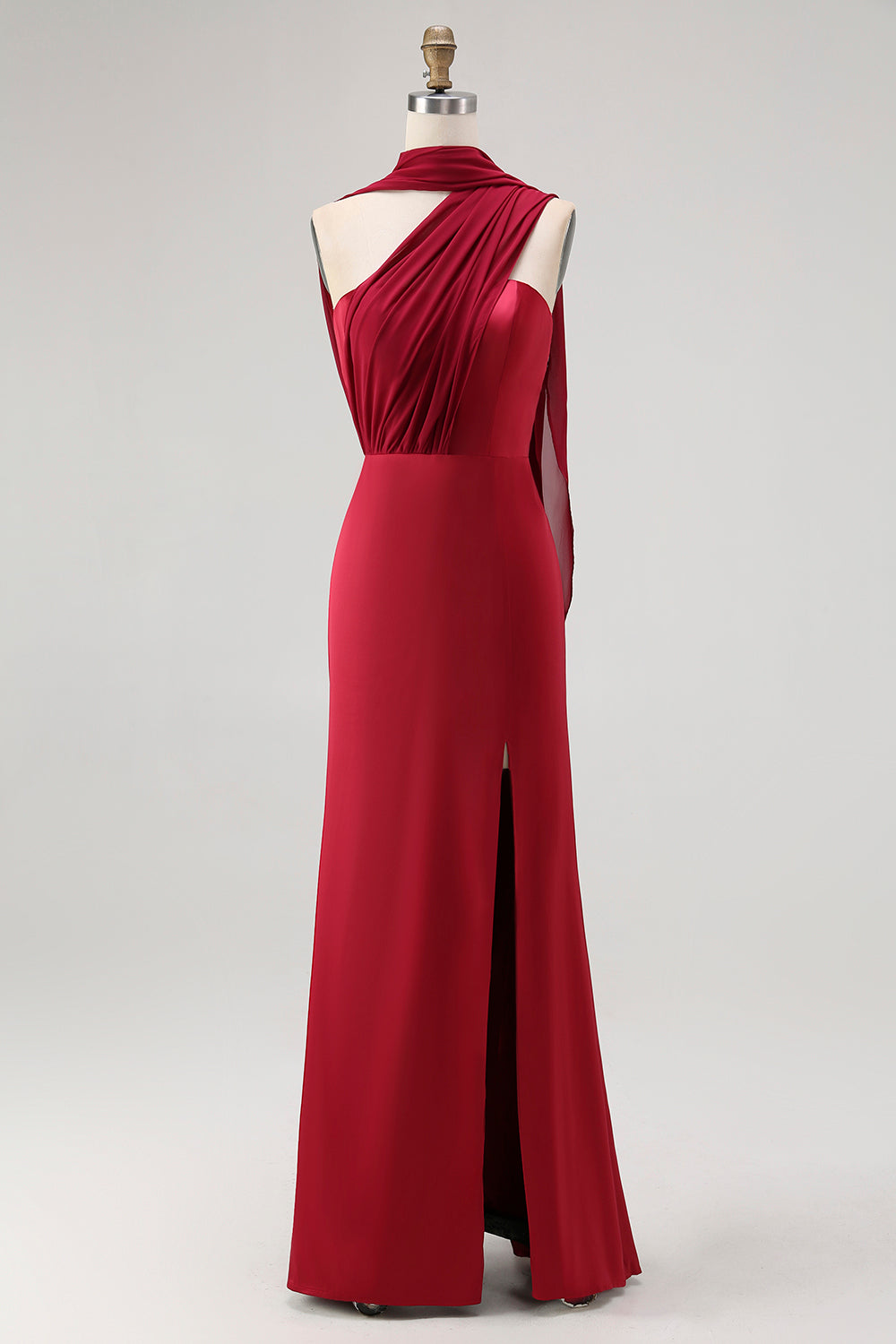 Burgundy One Shoulder Sheath Long Bridesmaid Dress with Streamer
