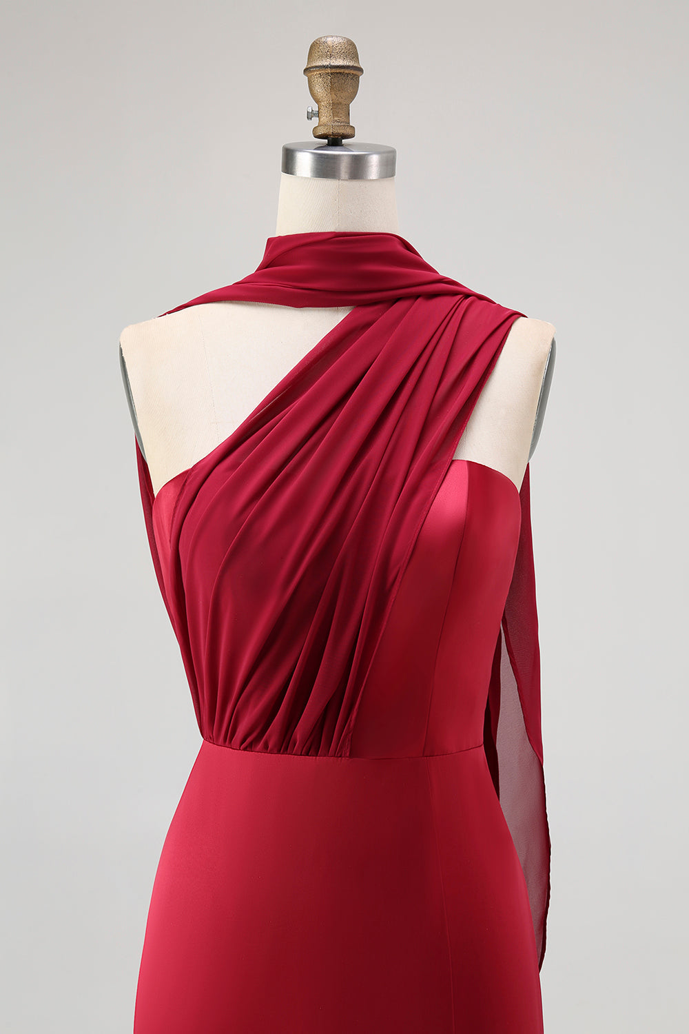 Burgundy One Shoulder Sheath Long Bridesmaid Dress with Streamer
