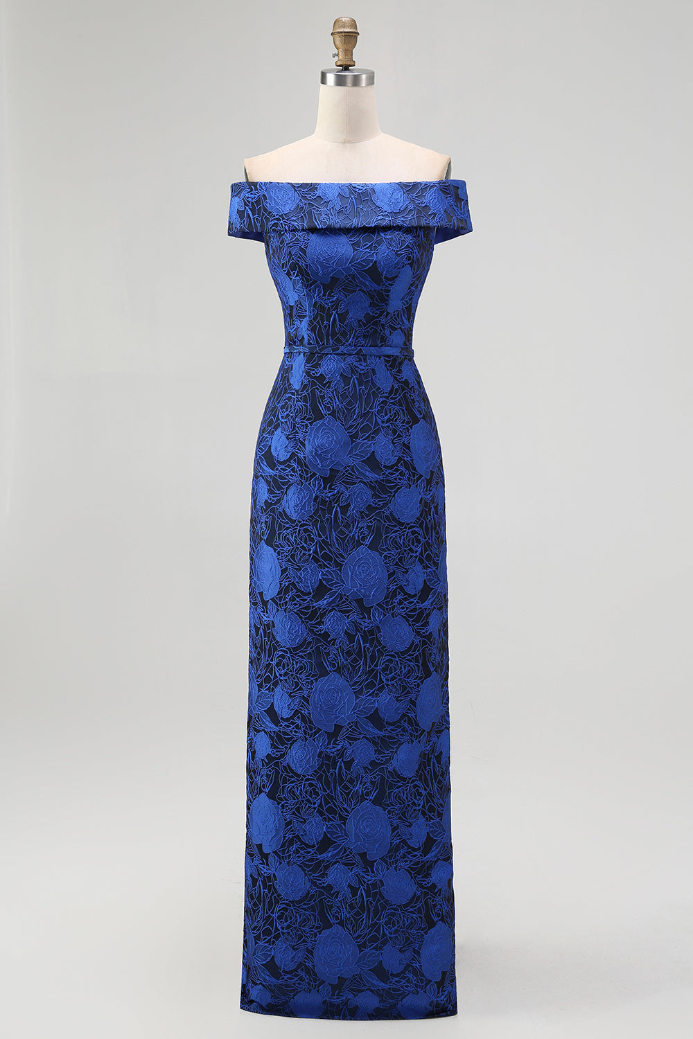 Robe de Demoiselle d'Honneur Fourreau Bleue Marine Fleurie Épaules Dénudées avec Fente