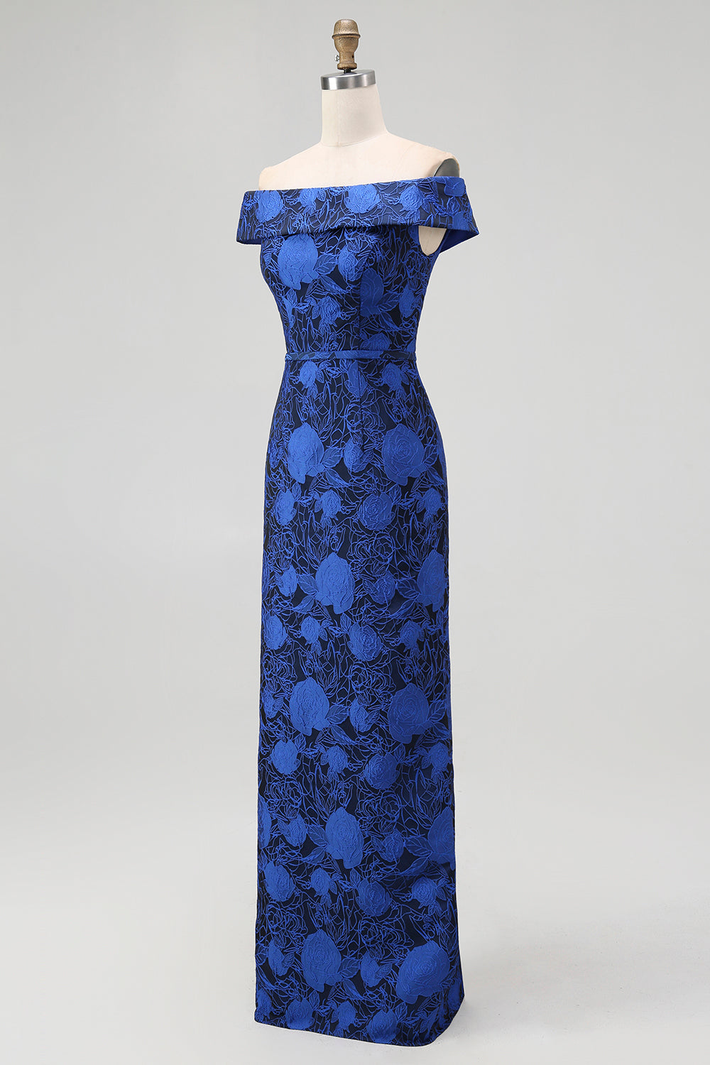 Robe de Demoiselle d'Honneur Fourreau Bleue Marine Fleurie Épaules Dénudées avec Fente
