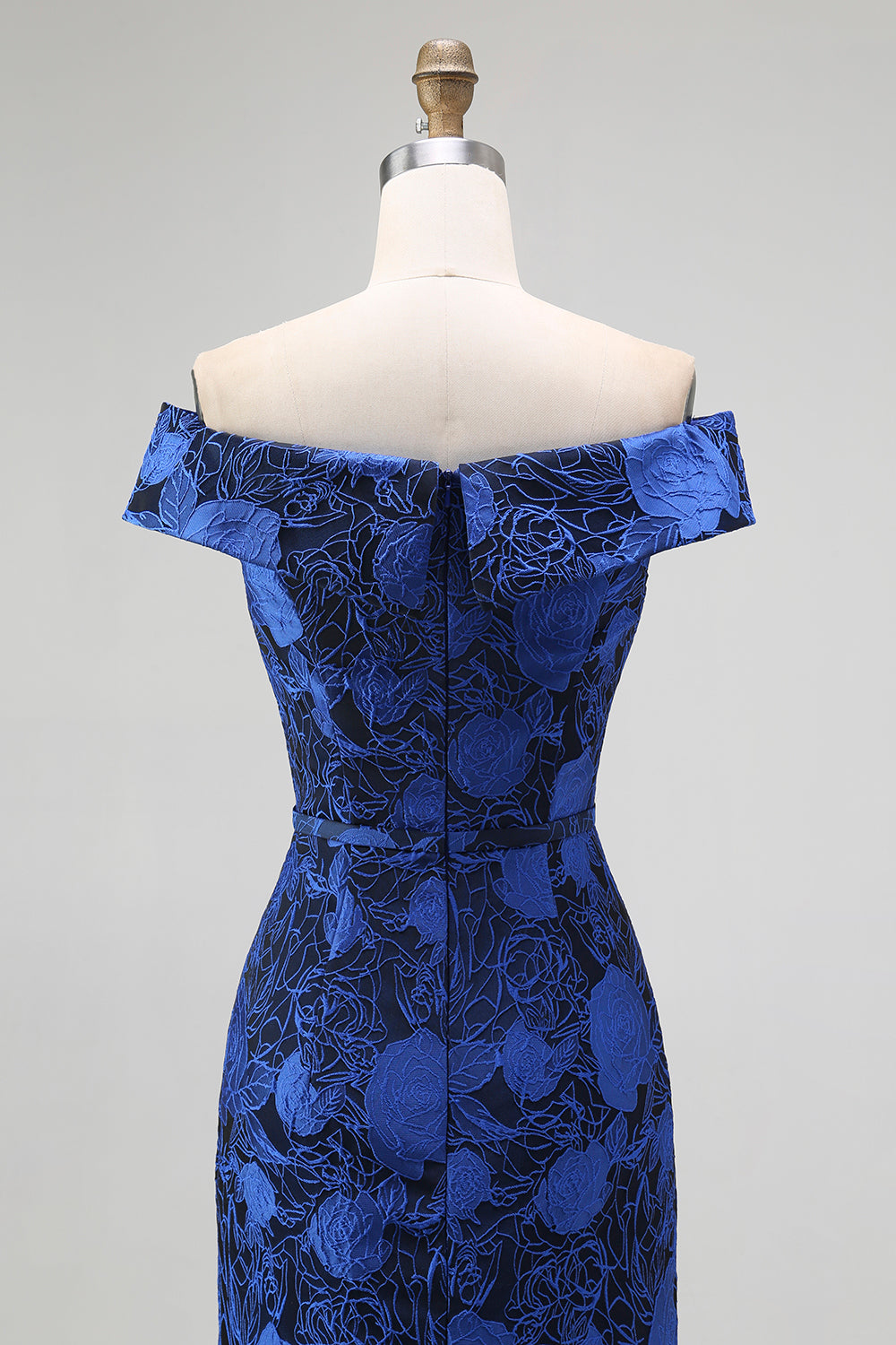 Robe de Demoiselle d'Honneur Fourreau Bleue Marine Fleurie Épaules Dénudées avec Fente