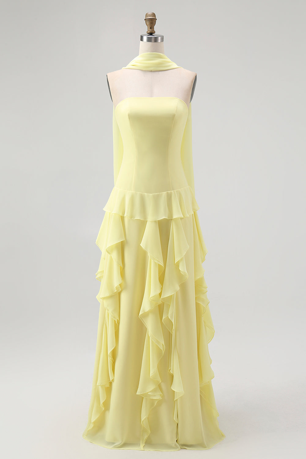 Yellow Ruffled Strapless Long Bridesmaid Dress with Streamer