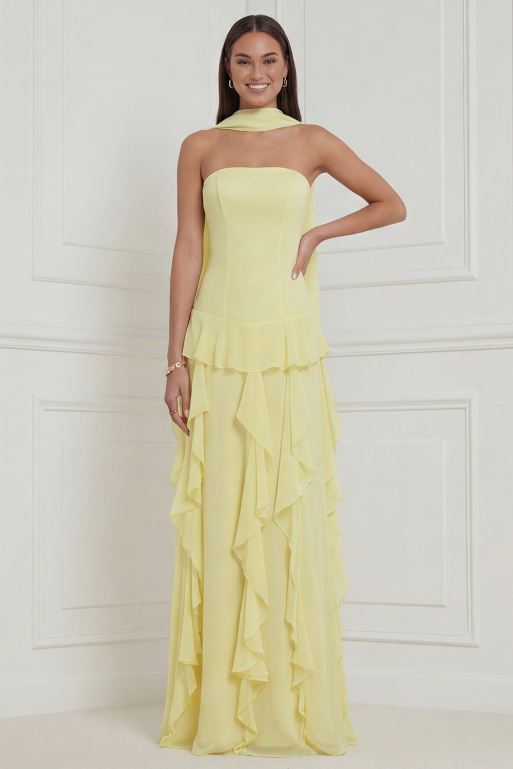 Yellow Ruffled Strapless Long Bridesmaid Dress with Streamer