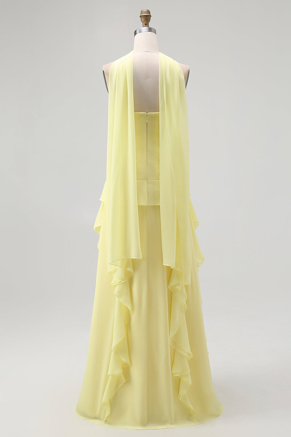 Yellow Ruffled Strapless Long Bridesmaid Dress with Streamer
