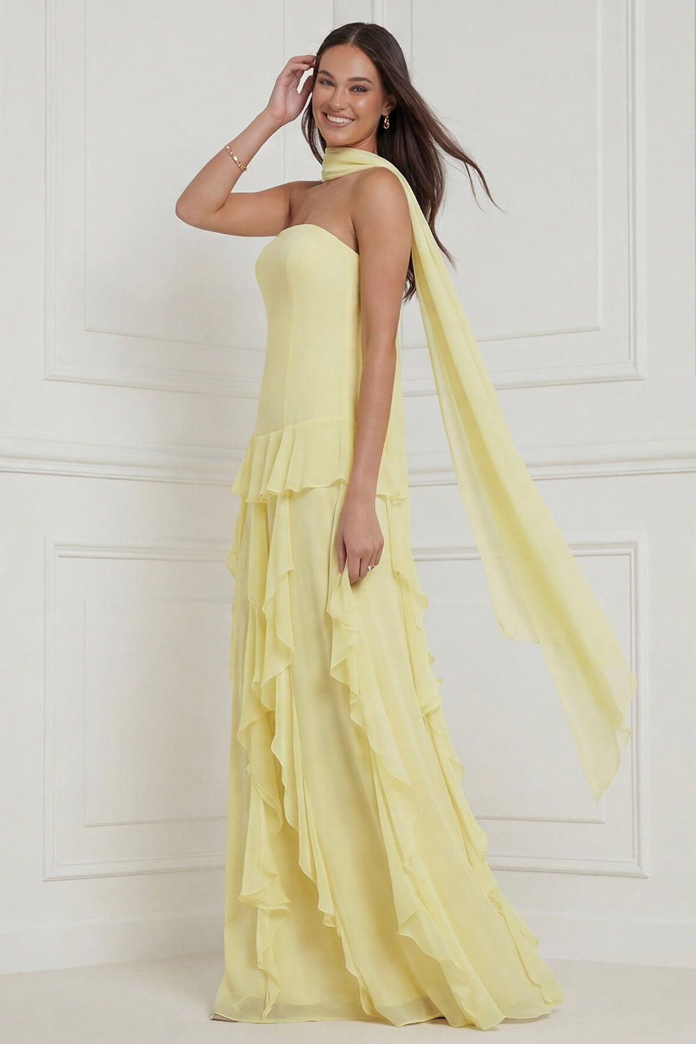 Yellow Ruffled Strapless Long Bridesmaid Dress with Streamer