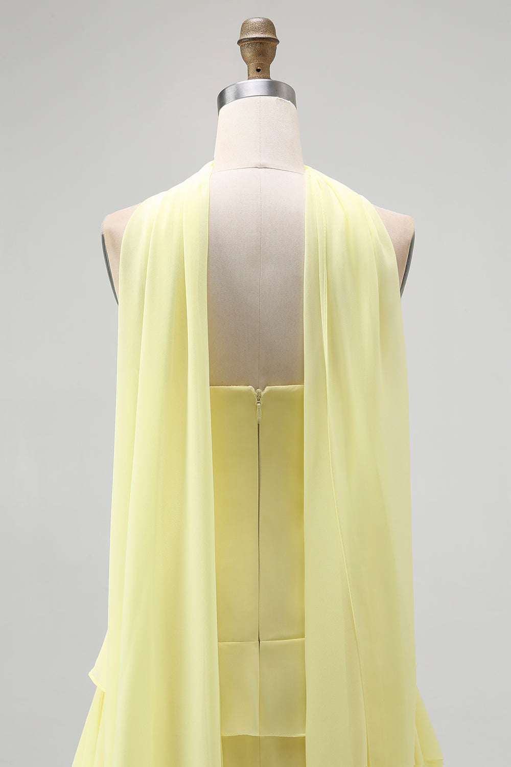 Yellow Ruffled Strapless Long Bridesmaid Dress with Streamer