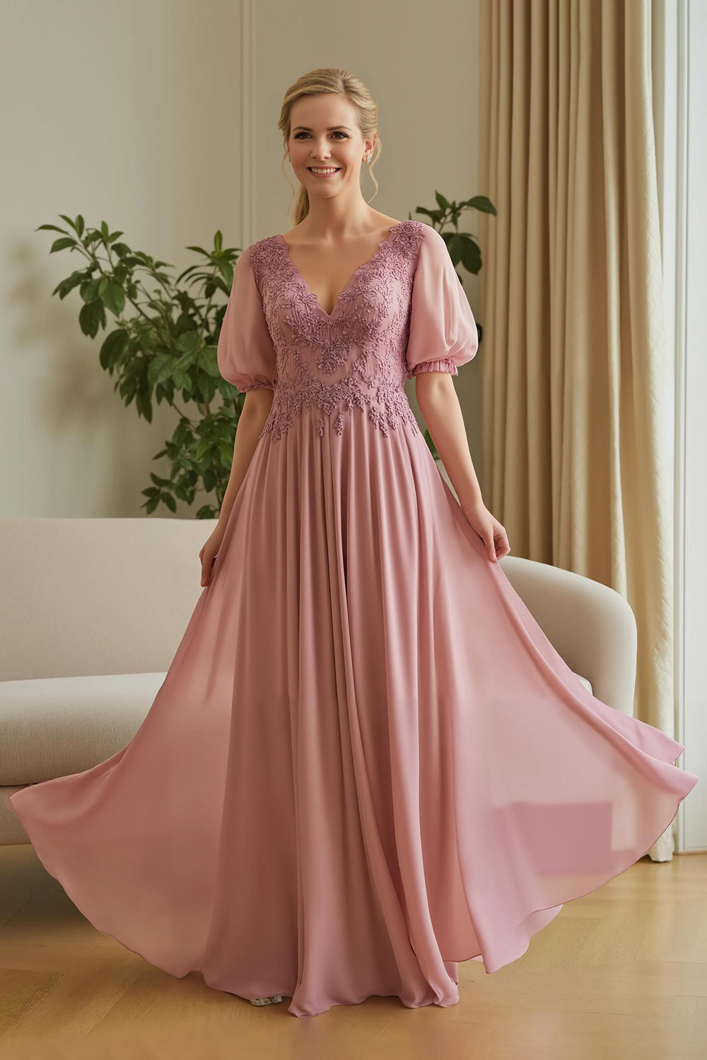 Dusty Rose Chiffon Appliqued A Line Mother of the Bride Dress with Puff Sleeves