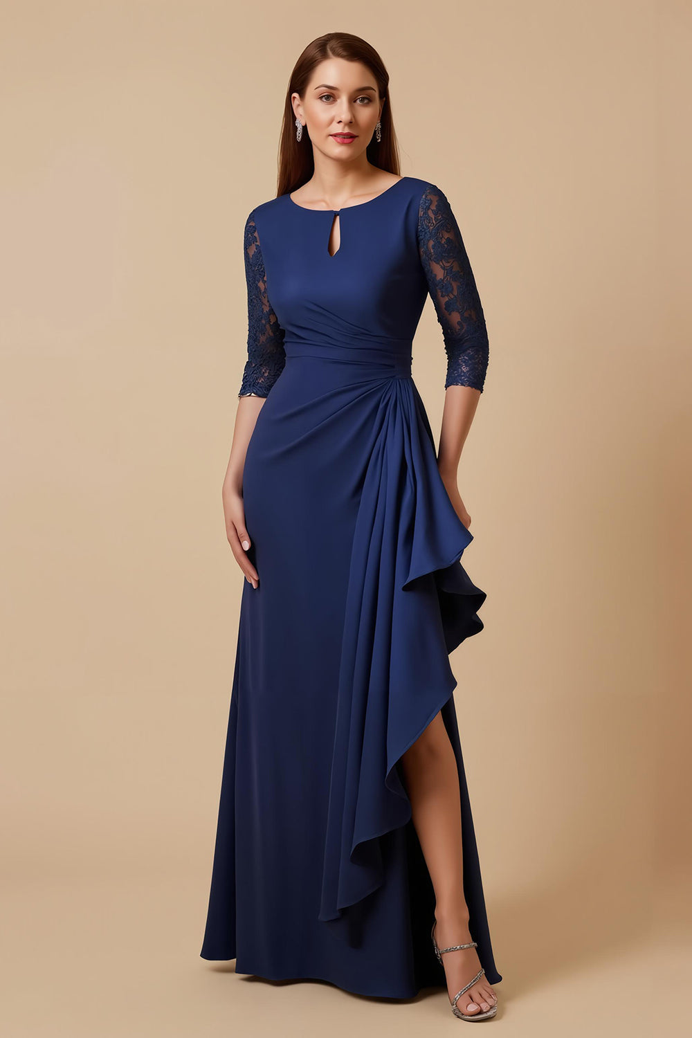 Navy Sheath Ruffled Lace 3/4 Sleeves Choir Dress with Slit