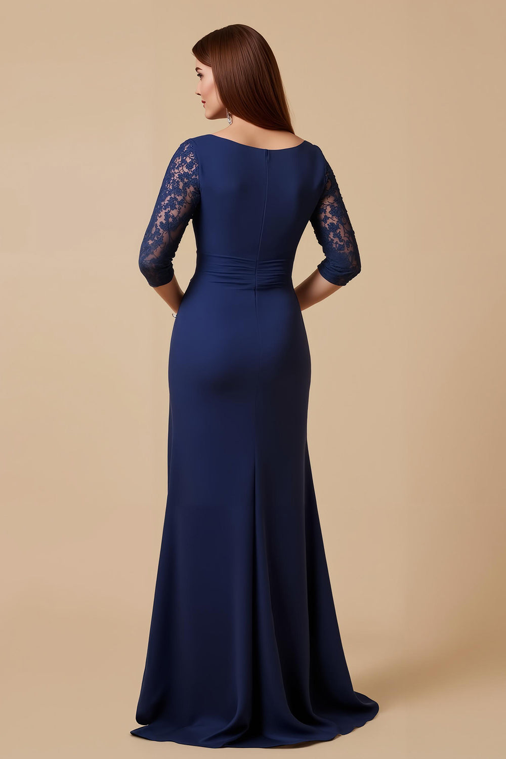 Navy Sheath Ruffled Lace 3/4 Sleeves Choir Dress with Slit