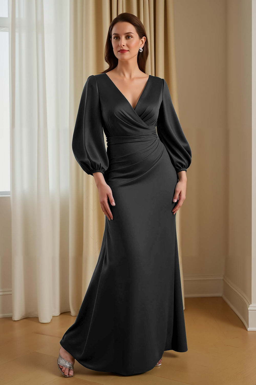 Robe longue ajustée en satin couleur pin, col en V, manches, pour mère de la mariée
