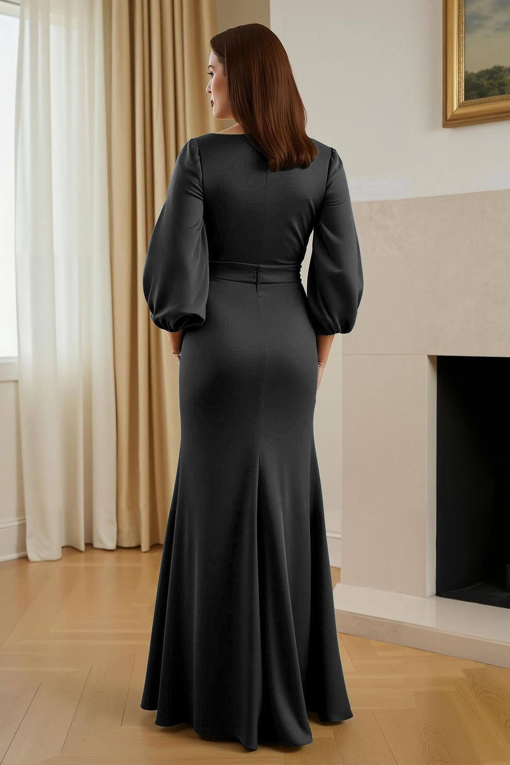 Robe longue ajustée en satin couleur pin, col en V, manches, pour mère de la mariée
