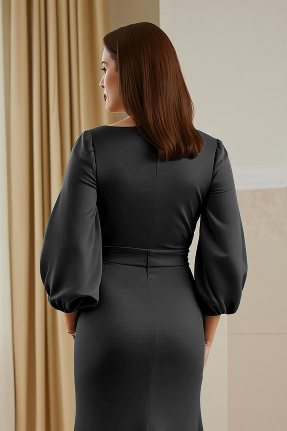 Robe longue ajustée en satin couleur pin, col en V, manches, pour mère de la mariée