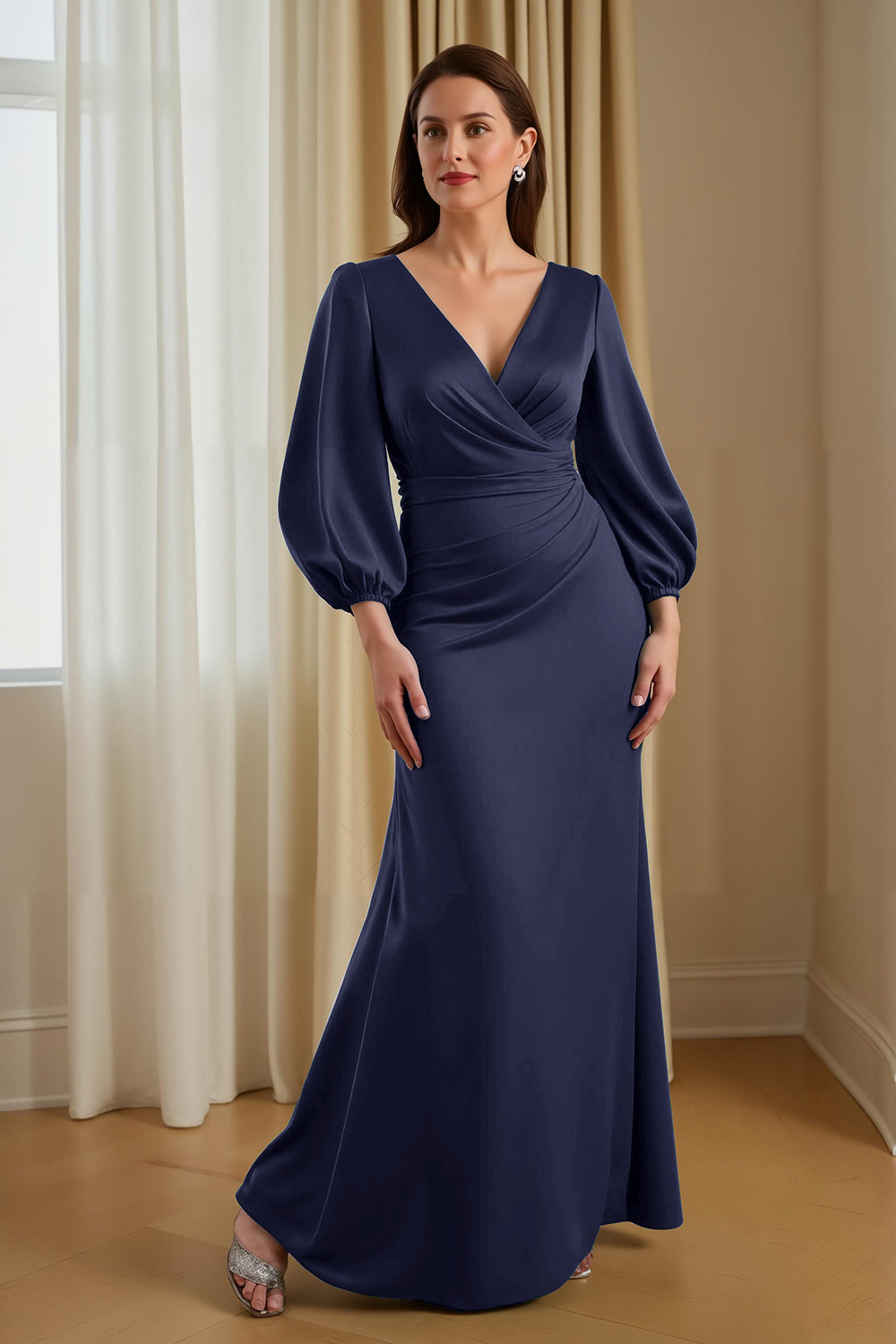 Robe longue ajustée en satin couleur pin, col en V, manches, pour mère de la mariée