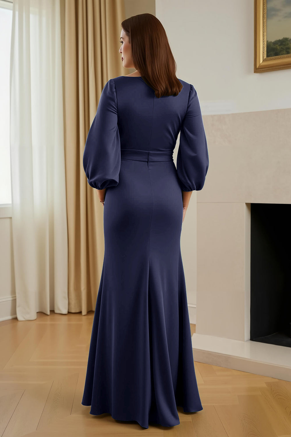Robe longue ajustée en satin couleur pin, col en V, manches, pour mère de la mariée