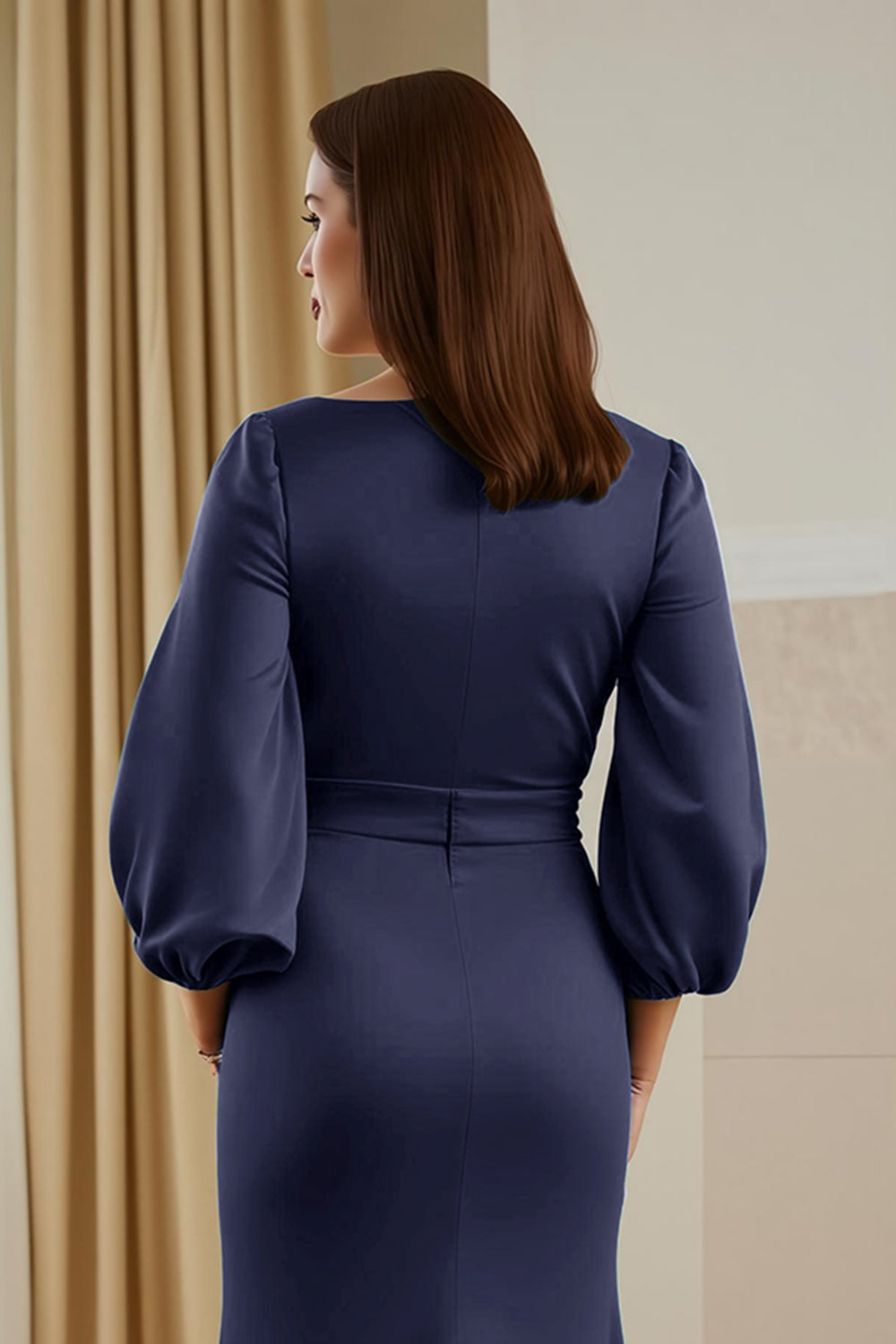 Robe longue ajustée en satin couleur pin, col en V, manches, pour mère de la mariée