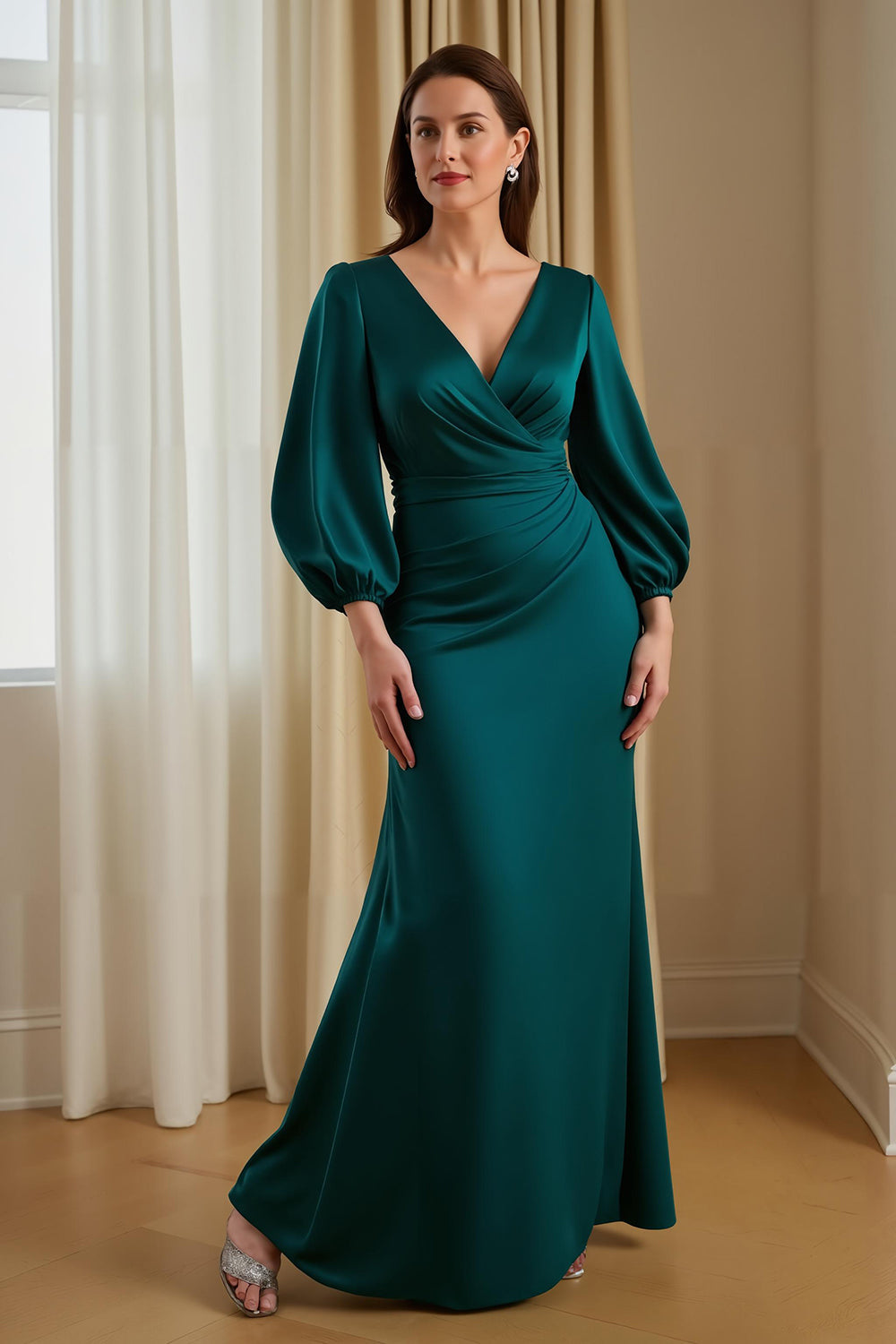 Robe longue ajustée en satin couleur pin, col en V, manches, pour mère de la mariée