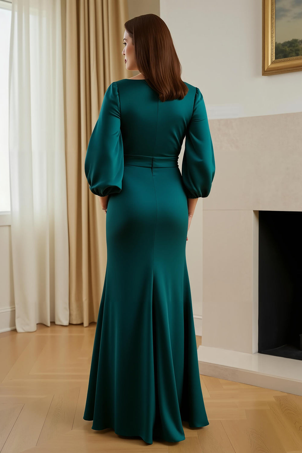 Robe longue ajustée en satin couleur pin, col en V, manches, pour mère de la mariée