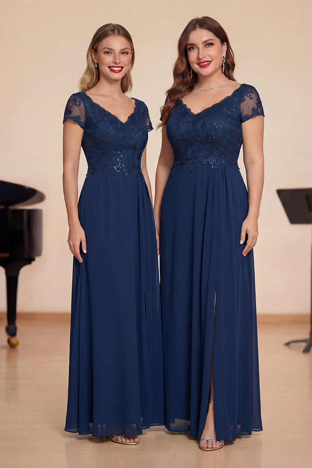 A-Line Navy Appliquéd Chiffon Long Choir Dress with Slit