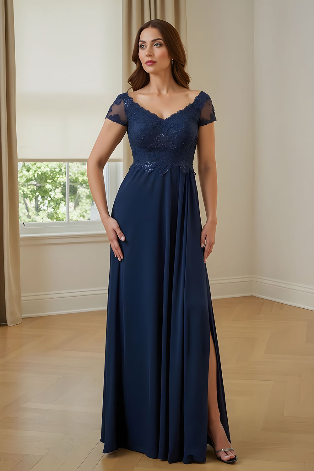 A-Line Navy Appliquéd Chiffon Long Choir Dress with Slit