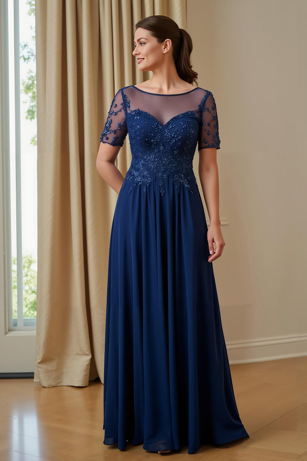 Navy Chiffon A Line Appliqued Illusion Boat Neck Long Mother of the Bride Dress with Sleeves