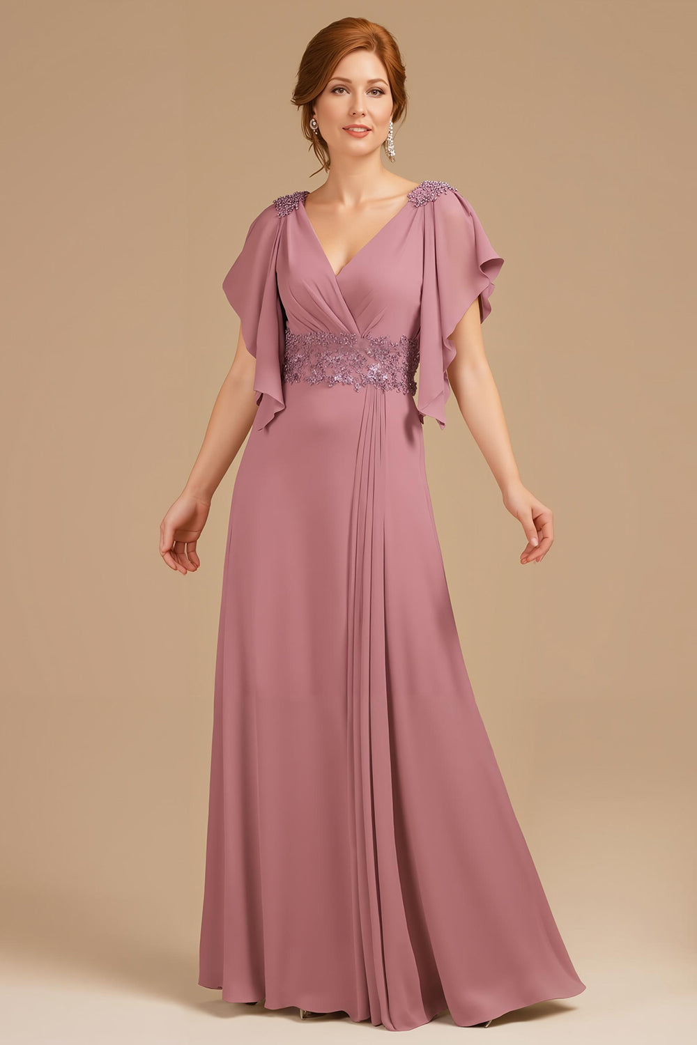 Robe longue trapèze avec décolleté en V froncé et manches courtes flottantes pour mère de la mariée - couleur raisin