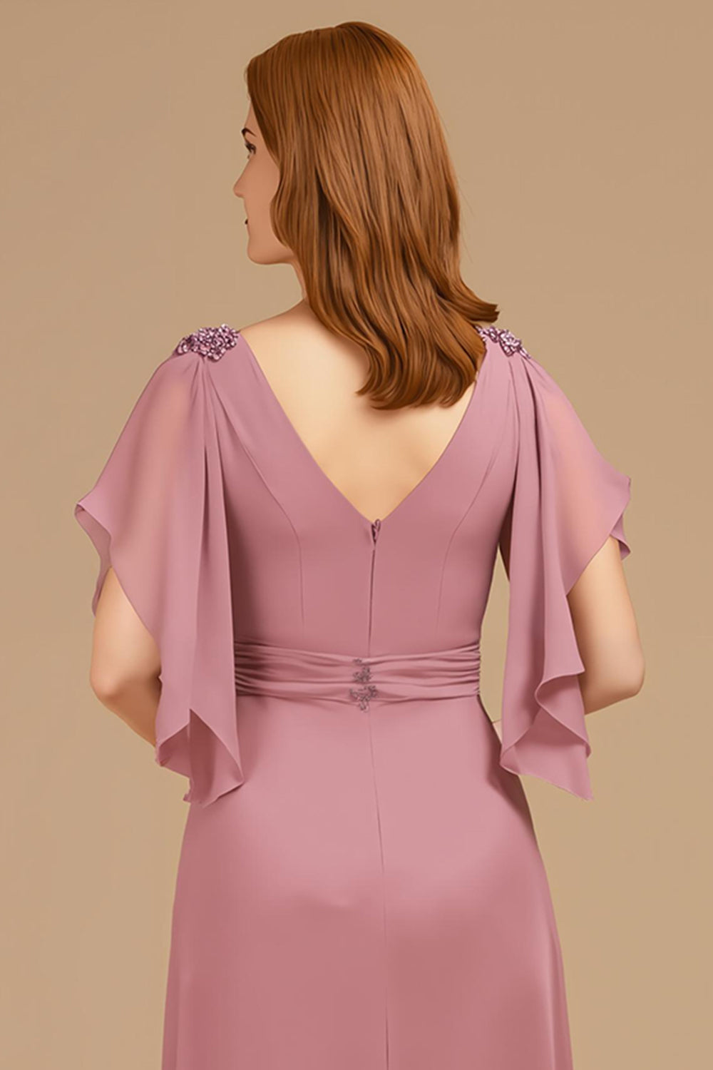 Robe longue trapèze avec décolleté en V froncé et manches courtes flottantes pour mère de la mariée - couleur raisin