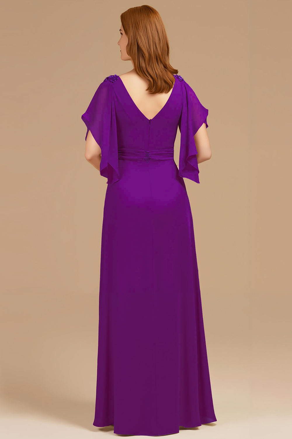 Robe longue trapèze avec décolleté en V froncé et manches courtes flottantes pour mère de la mariée - couleur raisin