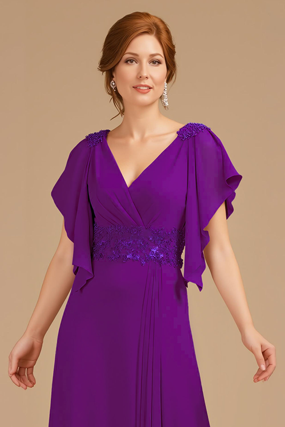 Robe longue trapèze avec décolleté en V froncé et manches courtes flottantes pour mère de la mariée - couleur raisin