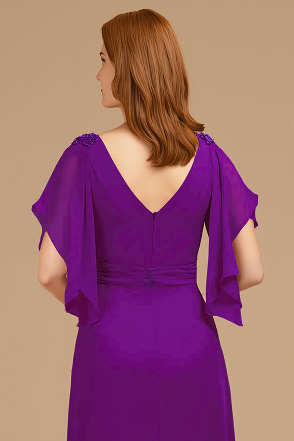 Robe longue trapèze avec décolleté en V froncé et manches courtes flottantes pour mère de la mariée - couleur raisin
