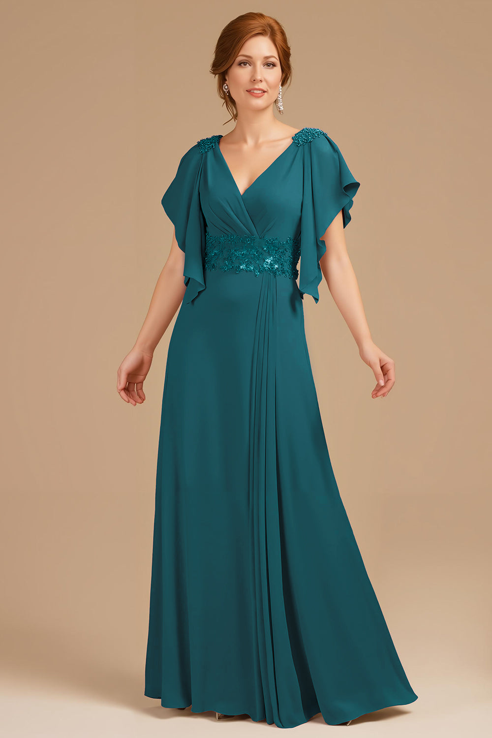 Robe longue trapèze avec décolleté en V froncé et manches courtes flottantes pour mère de la mariée - couleur raisin