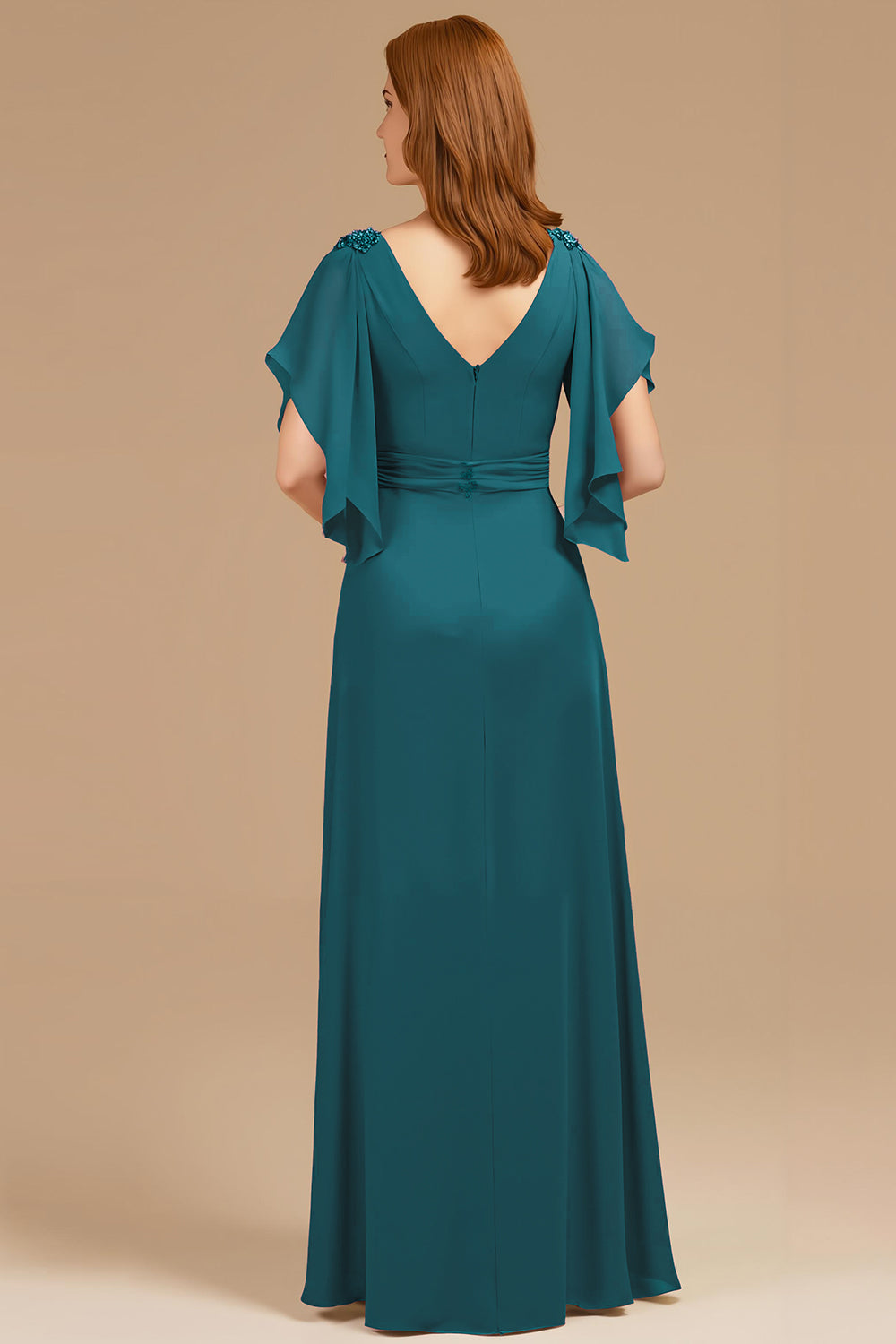 Robe longue trapèze avec décolleté en V froncé et manches courtes flottantes pour mère de la mariée - couleur raisin