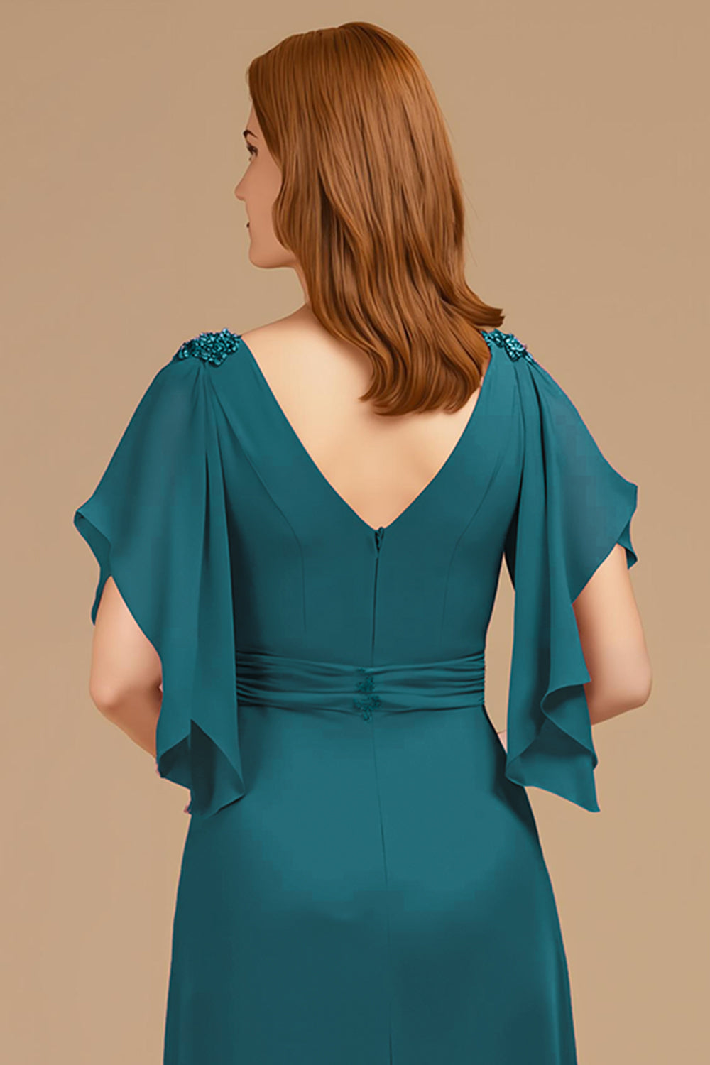 Robe longue trapèze avec décolleté en V froncé et manches courtes flottantes pour mère de la mariée - couleur raisin