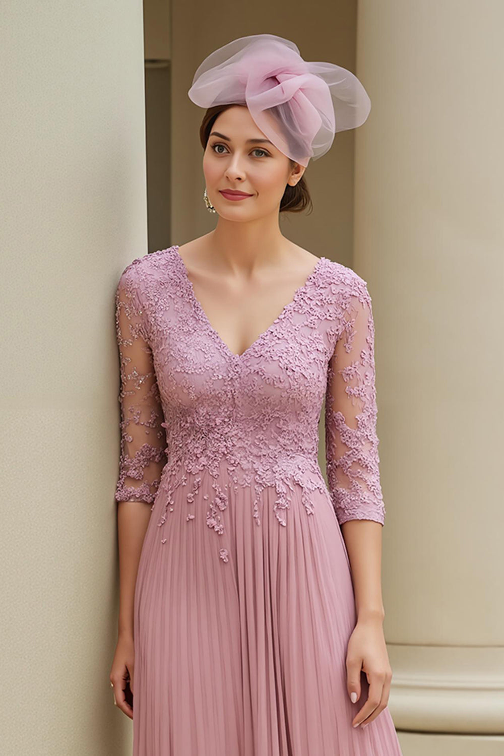 Robe trapèze en col V Dusty Rose avec manches 3/4 et appliques, pour la mère de la mariée