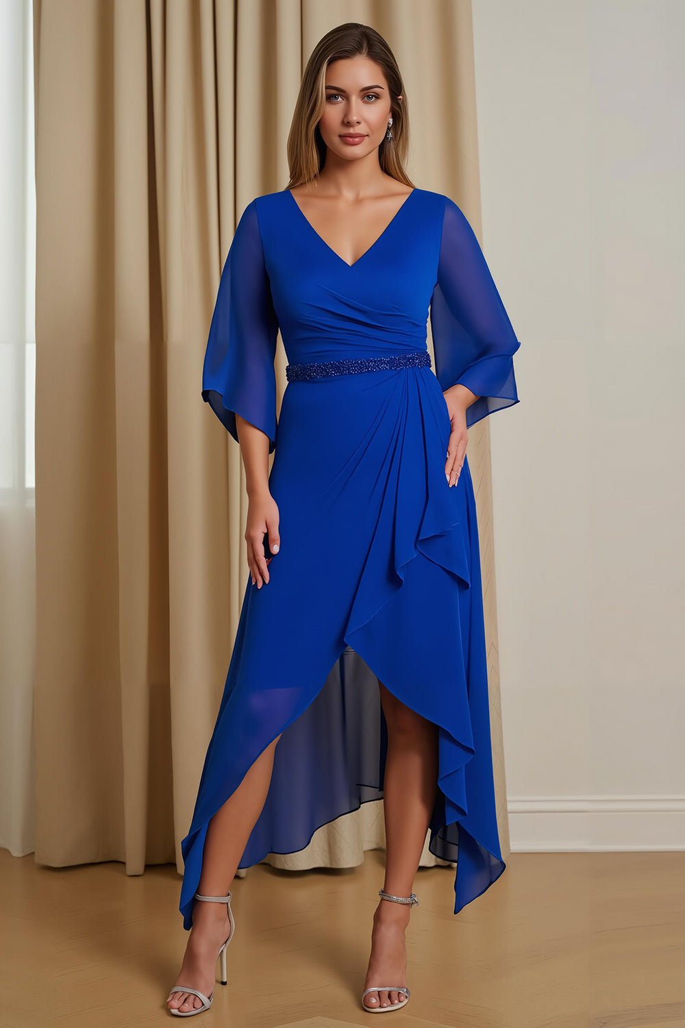A-Line Royal Blue V-Neck 3/4 Sleeve Chiffon Mother of the Bride Dress with Ruffles