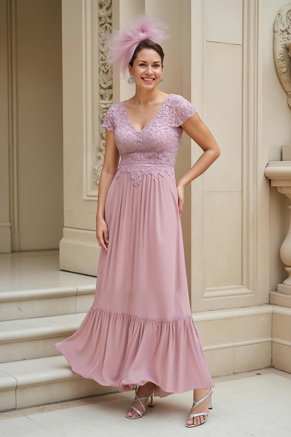 Dusty Rose A-Line V-Neck Long Mother of the Bride Dress with Lace