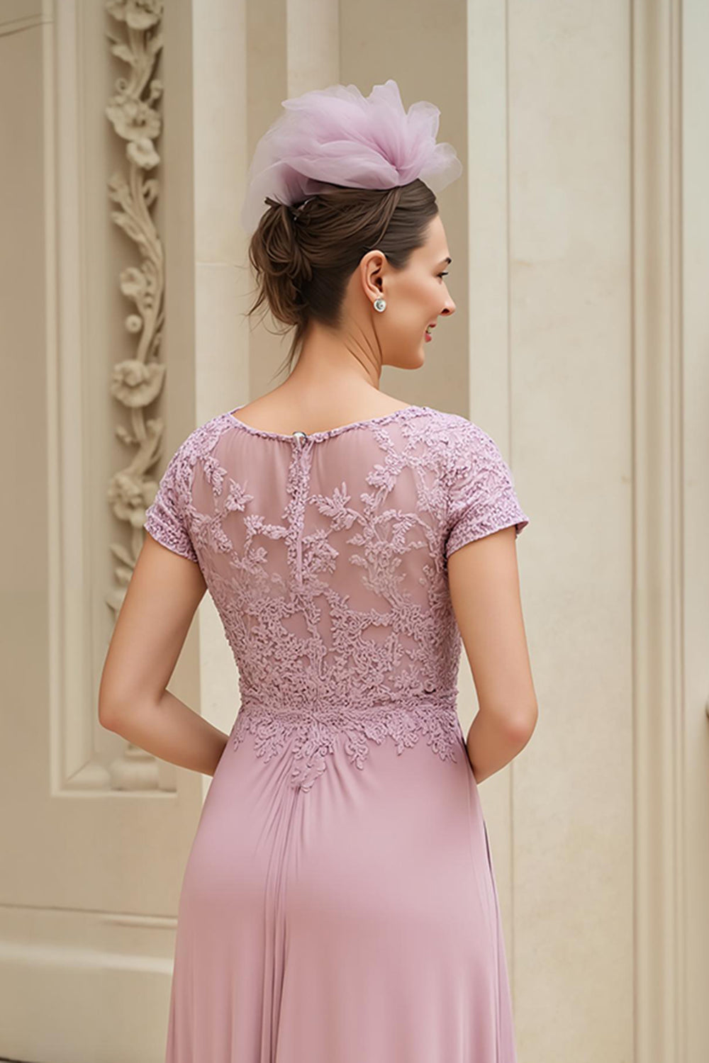Dusty Rose A-Line V-Neck Long Mother of the Bride Dress with Lace