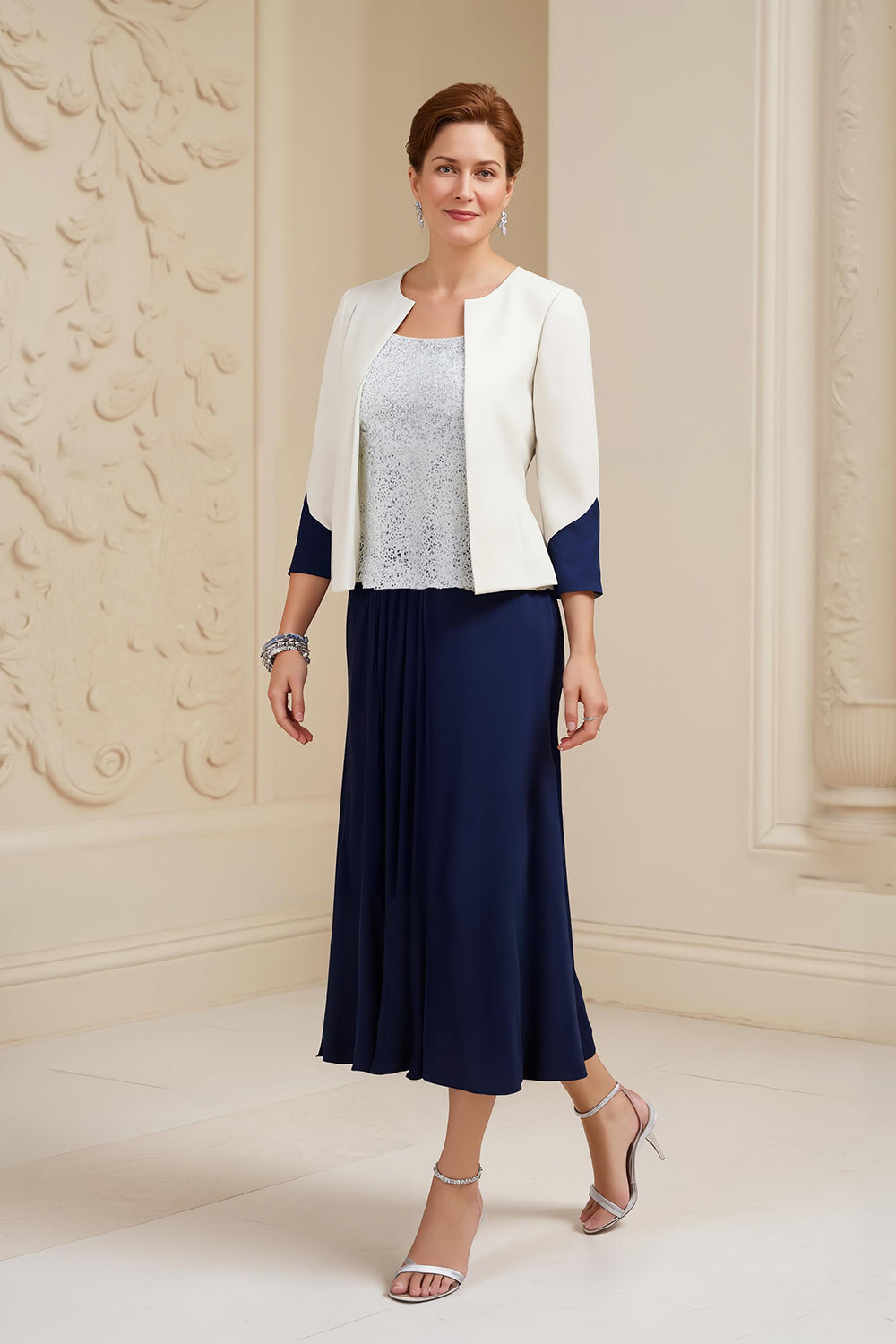 A-Line Navy Bateau Neck 3-Piece Mother of the Bride Dress with Lace