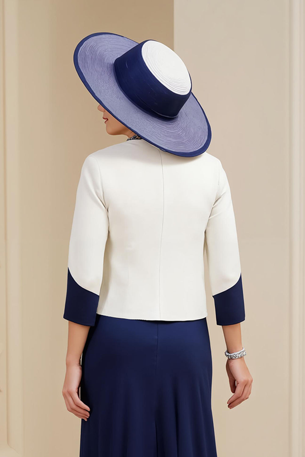 A-Line Navy Bateau Neck 3-Piece Mother of the Bride Dress with Lace