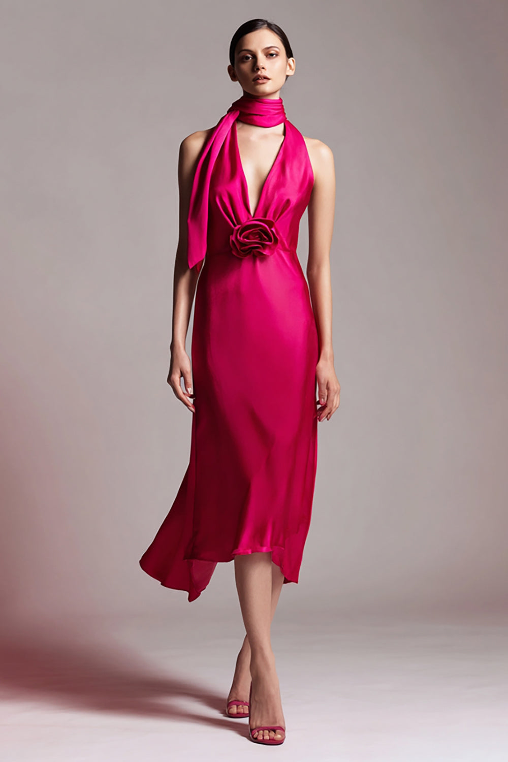 Fuchsia Sheath Satin Floral Midi Formal Dress