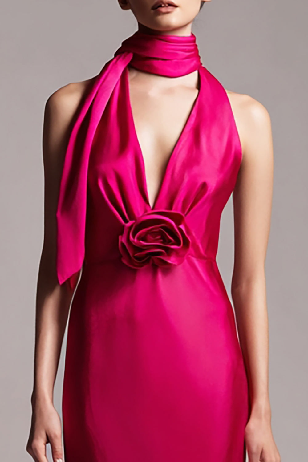 Fuchsia Sheath Satin Floral Midi Formal Dress